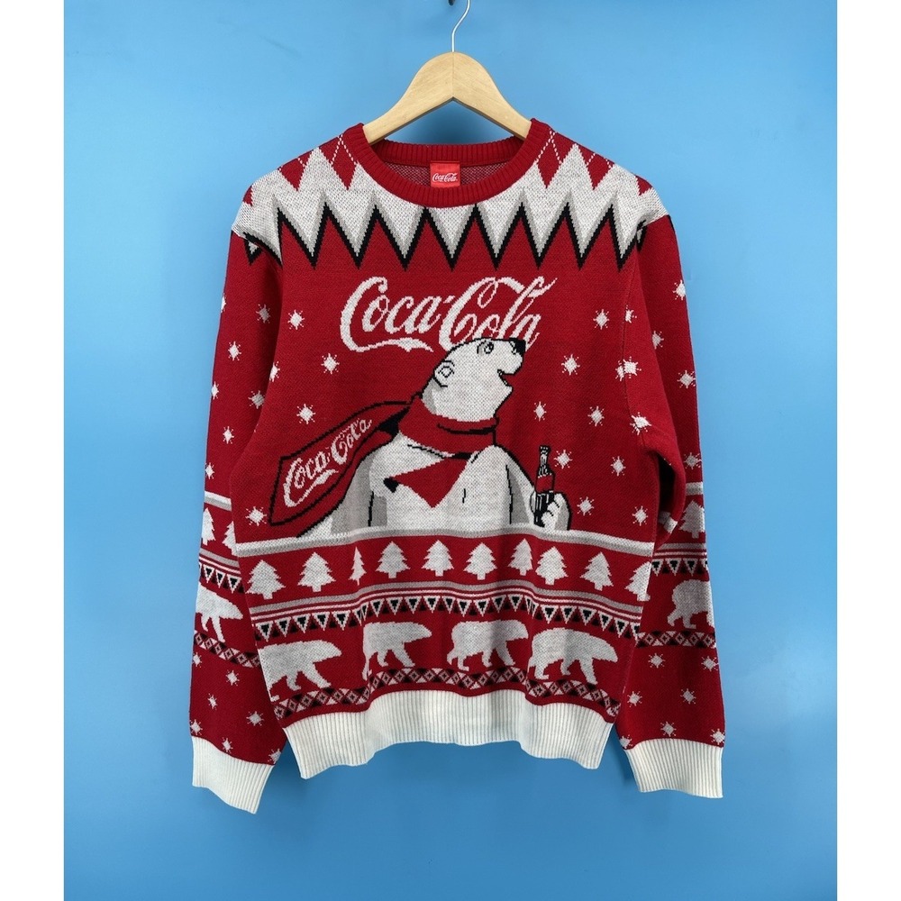 Coca-Cola Polar Bear Christmas Sweater Men's Large Red Acrylic Holiday Knit